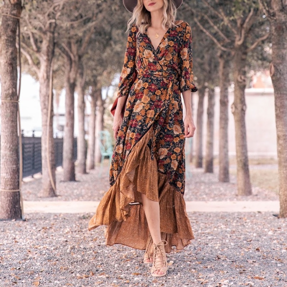 Orange Ruffle hem floral boho gypsy maxi Dress - Picture 3 of 11